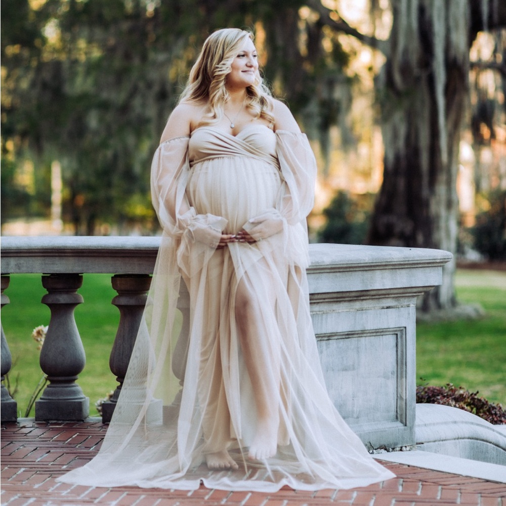 Elegant Champagne Off-Shoulder Maternity Gown